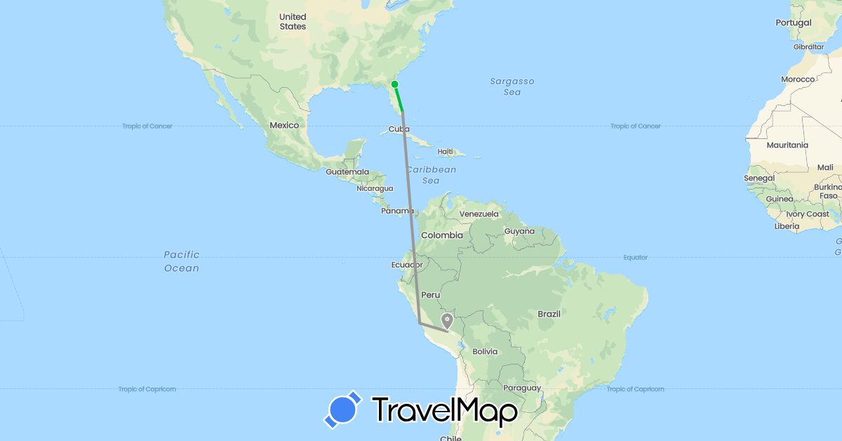 TravelMap itinerary: bus, plane in Peru, United States (North America, South America)